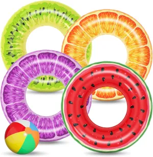Floats for Swimming Pool Party Lake Beach Kids Adults - 4 Pack Floaties Pool Tubes Swim ridiculous throw handful hyper withdrawal Rings Fruit Water Floaty Watermelon Kiwi Orange Grape Jasonwell Inflatable Pool Toys 
