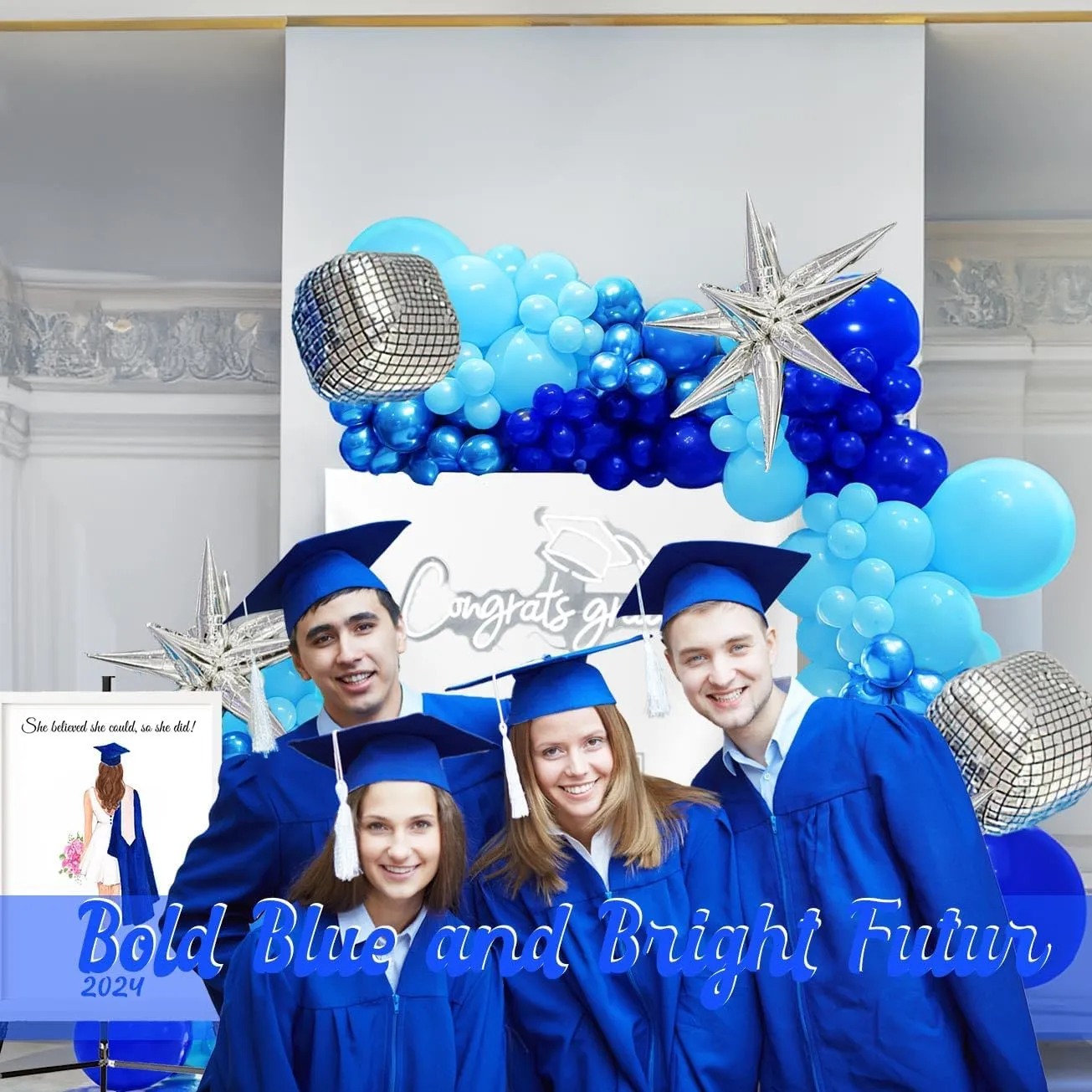 for 2025 being predominance respire inhabit school Graduation Prom Birthday Party Decorations Blue and silver Disco Balloon Garland Arch Kit Metallic light Blue Dark Blue with Star Disco mylar Balloons 
