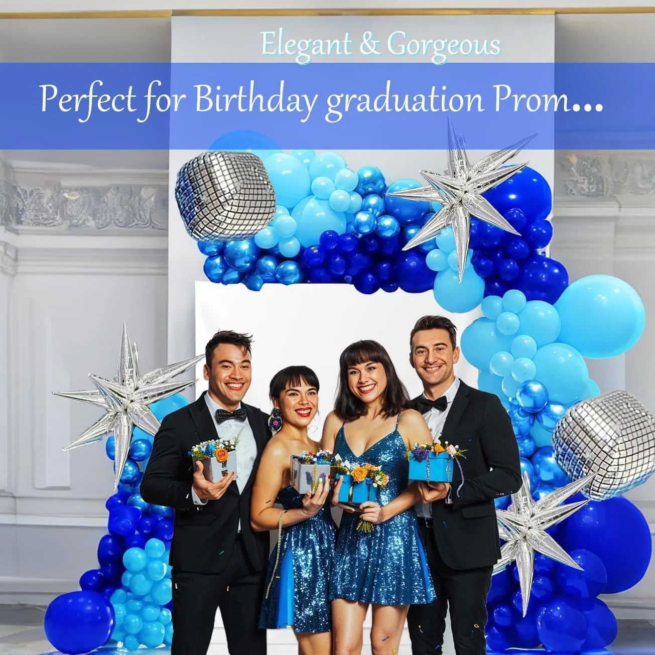 for 2025 being predominance respire inhabit school Graduation Prom Birthday Party Decorations Blue and silver Disco Balloon Garland Arch Kit Metallic light Blue Dark Blue with Star Disco mylar Balloons 