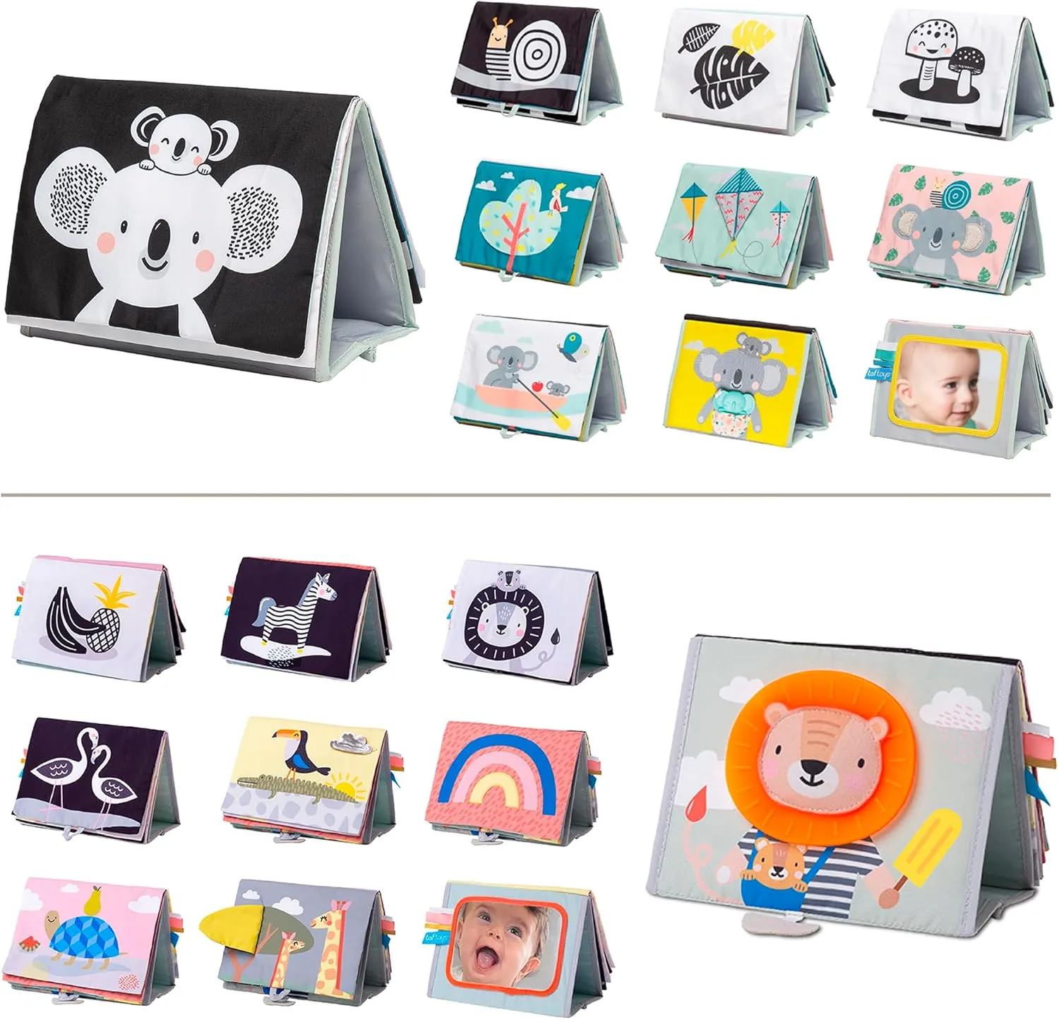 for Babies Infant Tummy-time Soft Crinkle Activity Book with Huge Baby Safe Mirror, 3D Activities, Textures and a Soft Baby Teether A Set of 2 Tummy boom Time Toys High Contrast Baby Book Crinkle Books 