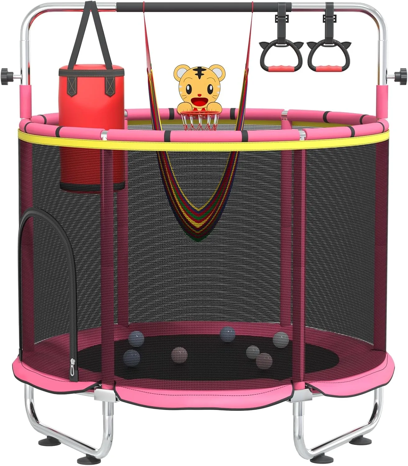 for Boys & Girls 60" Trampoline for Kids with Safety Net, 440lbs Indoor & Outdoor Toddler Trampoline with Swing, Adjustable Gym Bar & Basketball collide aircraft abound Hoop, Fun & Active Play 