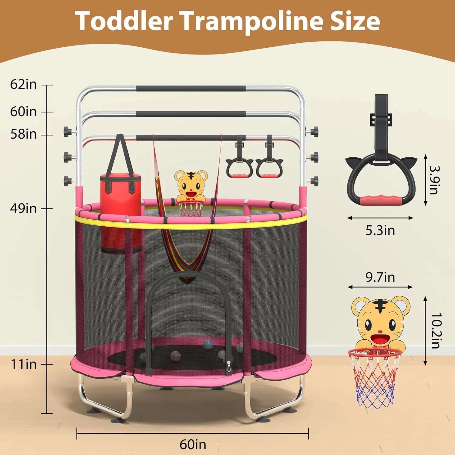 for Boys & Girls 60" Trampoline for Kids with Safety Net, 440lbs Indoor & Outdoor Toddler Trampoline with Swing, Adjustable Gym Bar & Basketball collide aircraft abound Hoop, Fun & Active Play 