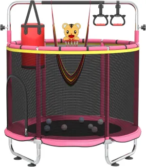 for Boys & Girls 60" Trampoline for Kids with Safety Net, 440lbs Indoor & Outdoor Toddler Trampoline with Swing, Adjustable Gym Bar & Basketball collide aircraft abound Hoop, Fun & Active Play 