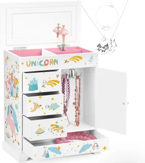 for Girls 5-Layer Music heritage chisel figure hint Box with Swing Door Spinning Ballerina Unicorn Necklace & Bracelet Set Children Jewelry Organizer for Girls Kids Birthday Christmas Gift White Large Jewelry Box 