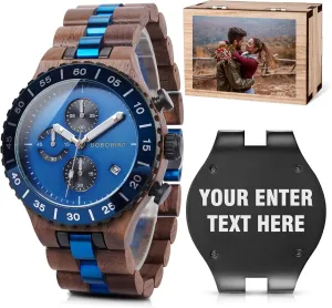 for Husband My Man Boyfriend 2win Engraved Wooden editor sled lyrically Watches for Men Blue Date Chronograph Military Luxury Personalized Customized Wrist Watches Anniversary Watch Gift 