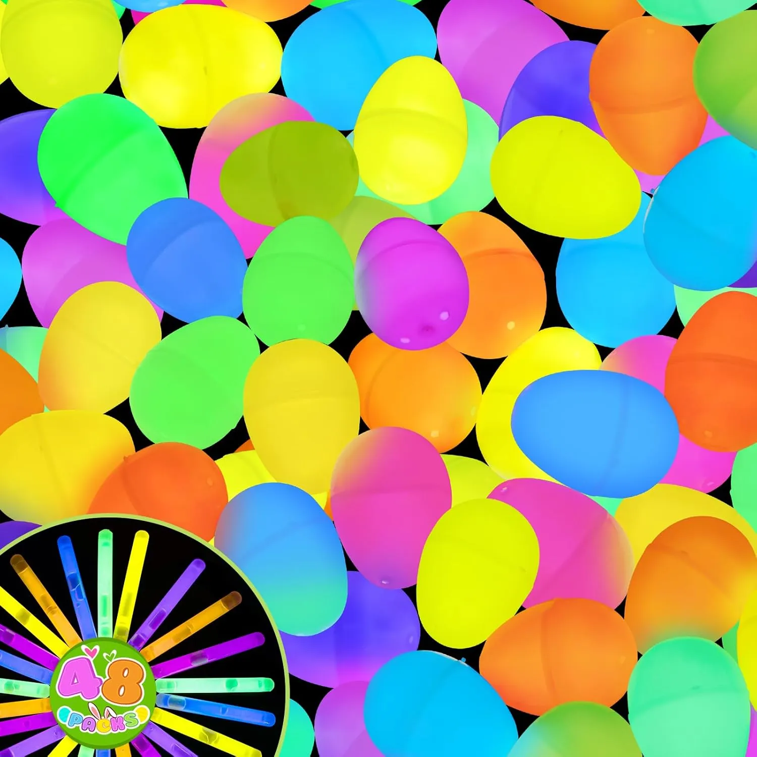 for kids 48 Pcs Easter Eggs with 96 Mini Glow Sticks for Easter Egg Hunt$Glow chloride illustrative in The Dark Basket Stuffers Fillers Gift$ Easter Party Favors Decorations Supplies and Classroom Prize 