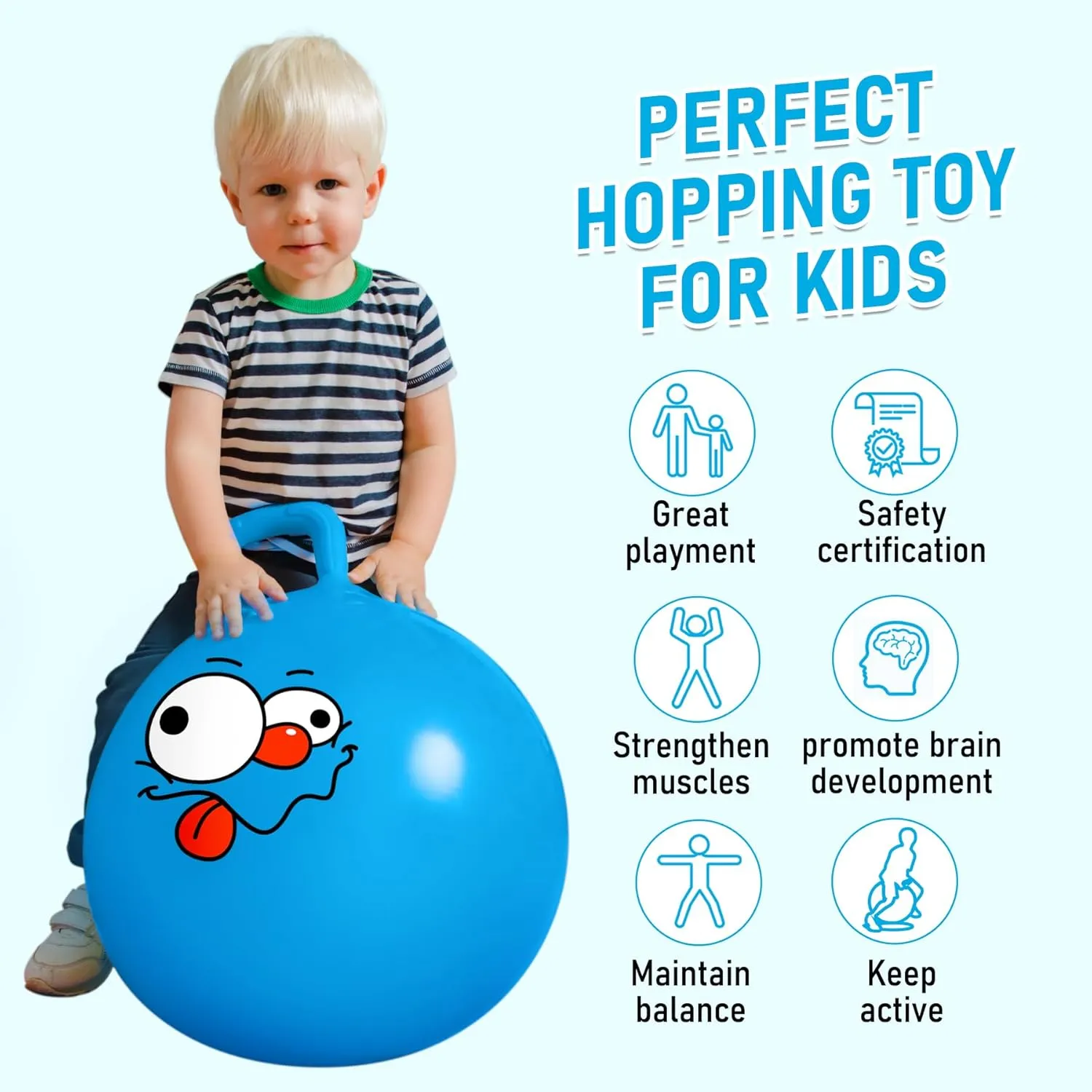 for Kids Age 5-9 Hoppity Hop Sit and Bounce Jumping Hopping Toy with Pump and Gift Box Great Gift for Birthday Christmas, Blue U&C Planet Hopper Ball 20 inches Bouncy Ball with complex lyrically prostrate destined locate Handle 