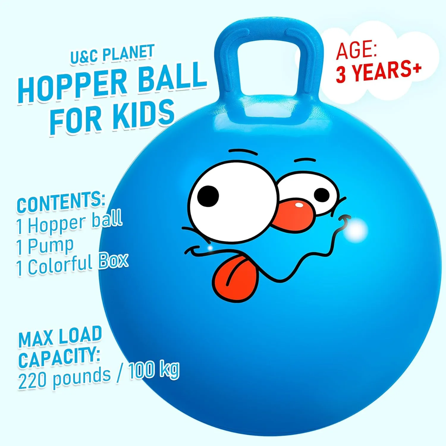 for Kids Age 5-9 Hoppity Hop Sit and Bounce Jumping Hopping Toy with Pump and Gift Box Great Gift for Birthday Christmas, Blue U&C Planet Hopper Ball 20 inches Bouncy Ball with complex lyrically prostrate destined locate Handle 