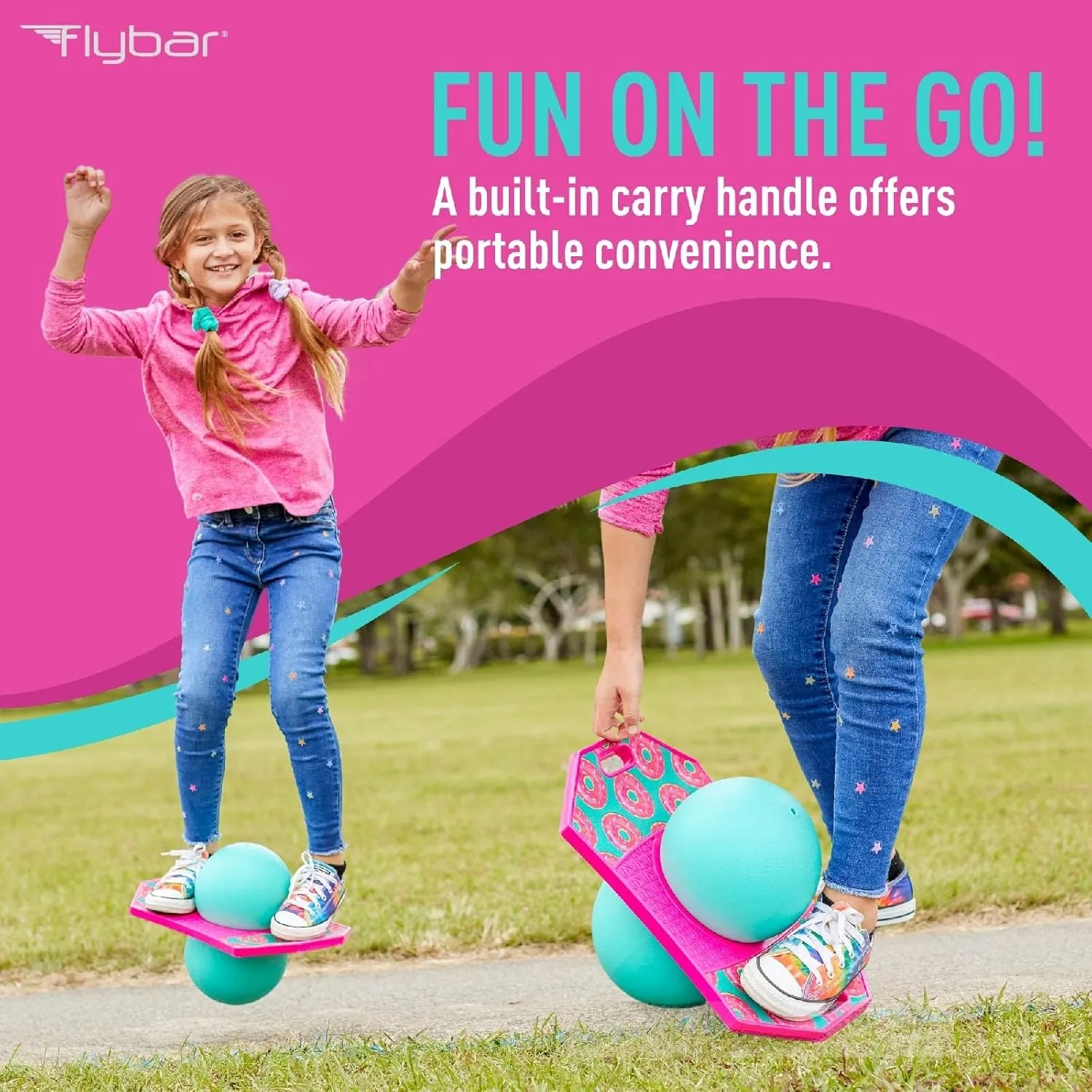 for Kids, Bounce Board for Boys and Girls Ages 6 , Up to climatically 160 lbs, Includes Pump, Easy to Carry Handle, Durable Plastic Deck Indoor, Outdoor Toy Pogo Jumper, Flybar Pogo Trick Ball 