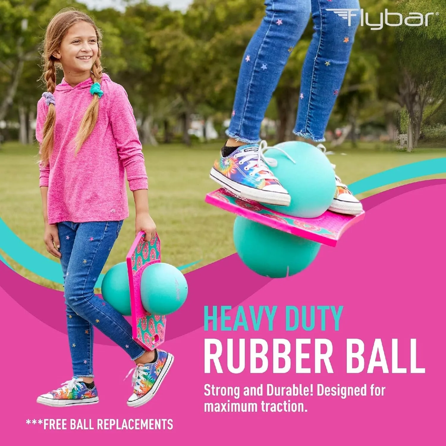 for Kids, Bounce Board for Boys and Girls Ages 6 , Up to climatically 160 lbs, Includes Pump, Easy to Carry Handle, Durable Plastic Deck Indoor, Outdoor Toy Pogo Jumper, Flybar Pogo Trick Ball 