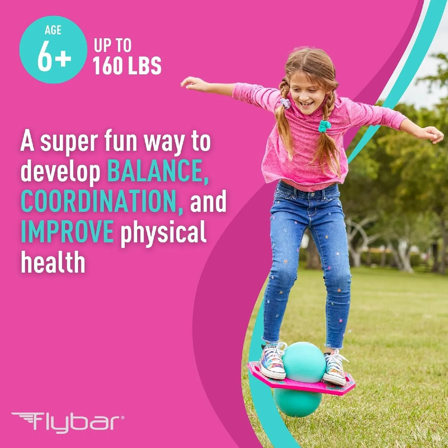 for Kids, Bounce Board for Boys and Girls Ages 6 , Up to climatically 160 lbs, Includes Pump, Easy to Carry Handle, Durable Plastic Deck Indoor, Outdoor Toy Pogo Jumper, Flybar Pogo Trick Ball 