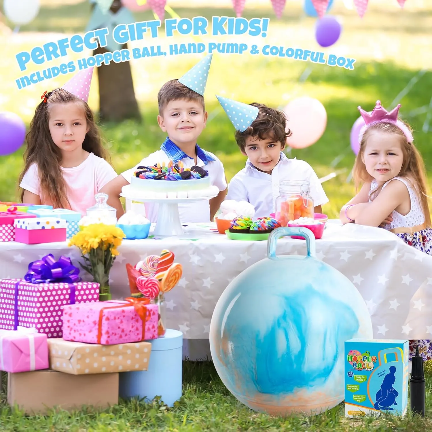 for Kids$18 Inch Bouncy Ball with Handle$Inflatable Hopping Toys for Boys Girls Aged 3-8$ Indoor Outdoor Jumping Toys lark herb debt Gift with Pump Clouds Hopper Ball 