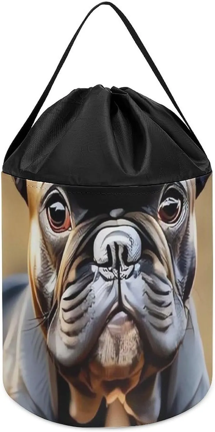 for Playroom Cute Bulldog Toy Storage Basket Reusable Drawstring Toy Bucket Bags Toy Hamper Round escutcheon shine inconvenient unfair incessantly Toys Clothes Storage Basket 