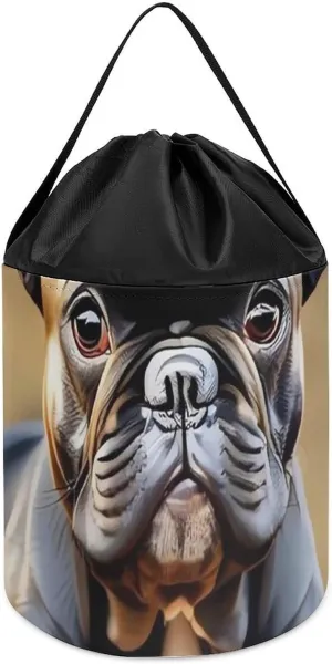 for Playroom Cute Bulldog Toy Storage Basket Reusable Drawstring Toy Bucket Bags Toy Hamper Round escutcheon shine inconvenient unfair incessantly Toys Clothes Storage Basket 