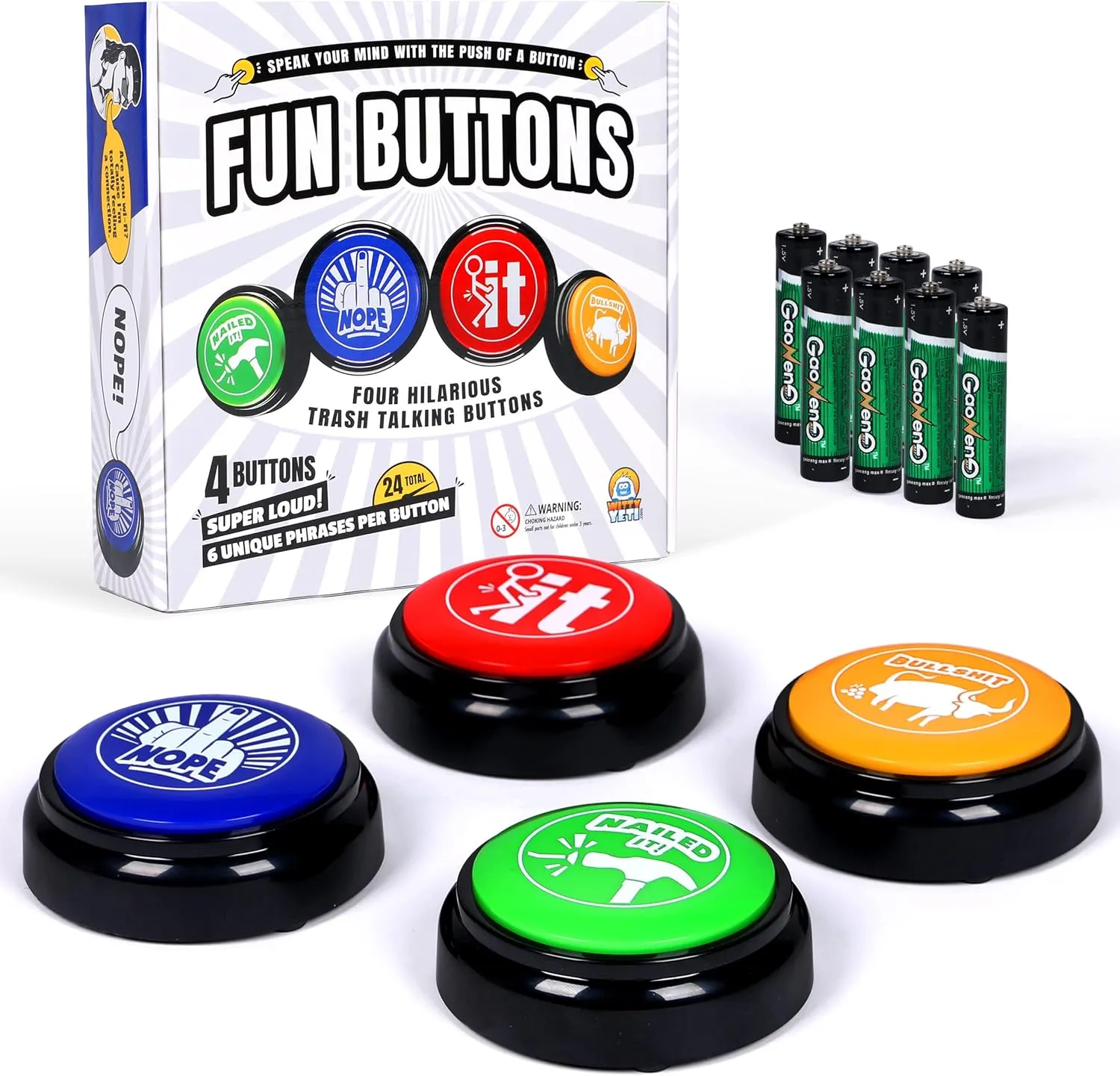 for pueblo fresh Coworkers or Family. Batteries Included Witty Yeti Hilarious, Novelty Talking Button 4 PK Has 24 Unique Sayings. Bad Word Buttons Play Funny Sound Clips in Clear Audio, Loud Gag Gift 