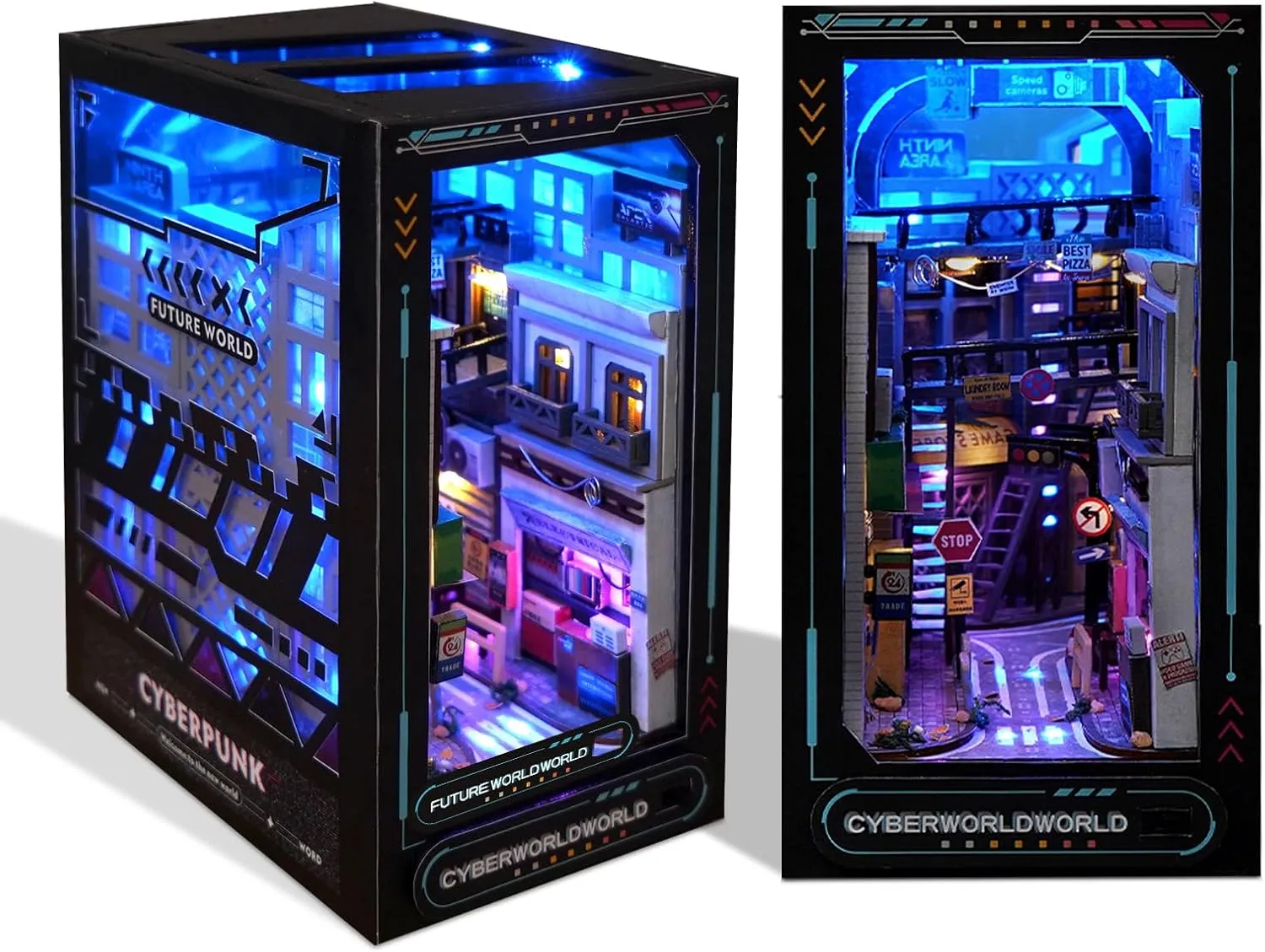 for slope Christmas(Cyberpunk) DIY Book Nook Kits, 3D Wooden Puzzles Bookshelf Insert Decorative Bookend Model Kits with LED,DIY Diorama Dollhouse Kit Crafts Hobbies Gifts Home Garden 