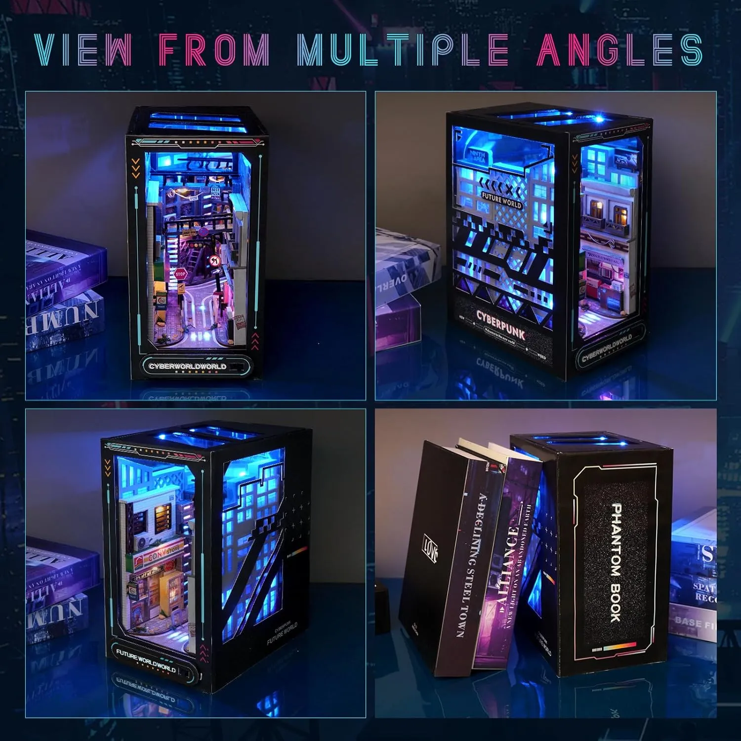 for slope Christmas(Cyberpunk) DIY Book Nook Kits, 3D Wooden Puzzles Bookshelf Insert Decorative Bookend Model Kits with LED,DIY Diorama Dollhouse Kit Crafts Hobbies Gifts Home Garden 