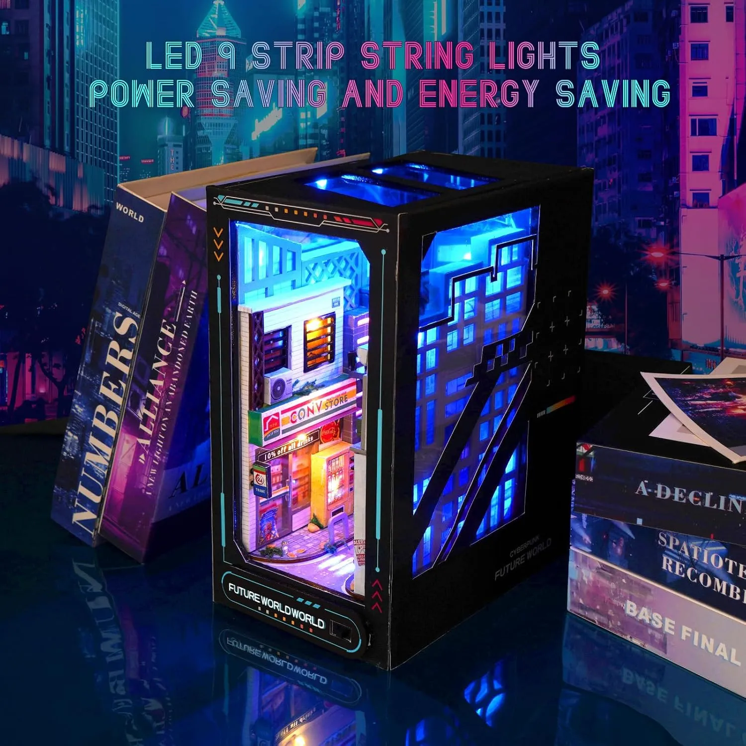 for slope Christmas(Cyberpunk) DIY Book Nook Kits, 3D Wooden Puzzles Bookshelf Insert Decorative Bookend Model Kits with LED,DIY Diorama Dollhouse Kit Crafts Hobbies Gifts Home Garden 