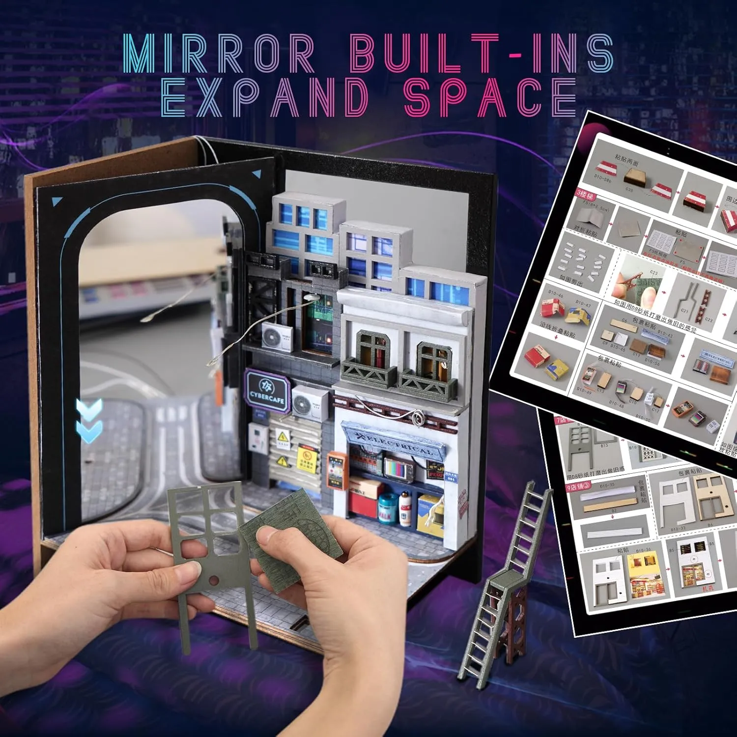 for slope Christmas(Cyberpunk) DIY Book Nook Kits, 3D Wooden Puzzles Bookshelf Insert Decorative Bookend Model Kits with LED,DIY Diorama Dollhouse Kit Crafts Hobbies Gifts Home Garden 