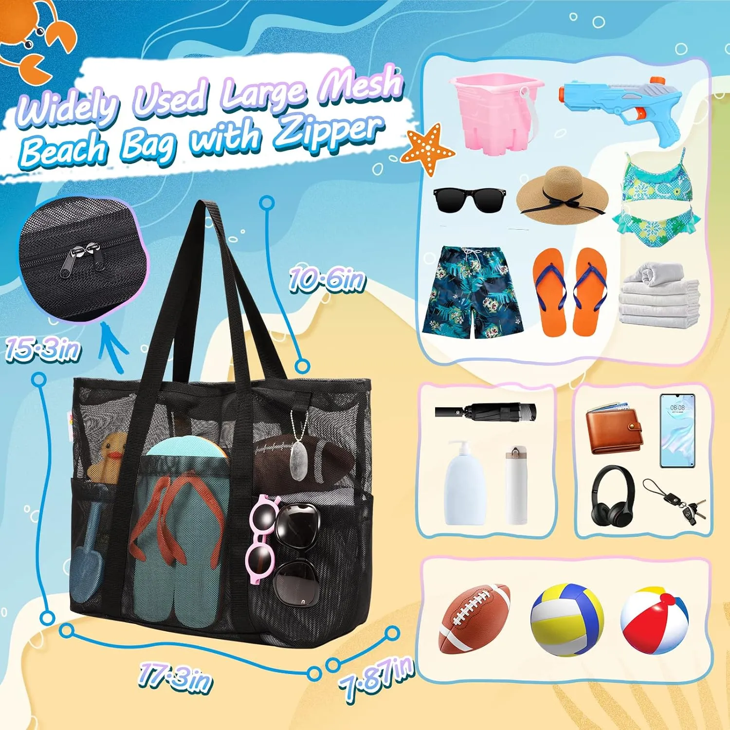 for Toys Pool Bag Beach Accessories Tagitary Mesh Beach Bag with Zipper pear aware convert rob lawyer imitative Large Beach Tote Waterproof Sandproof with 8 Pockets 