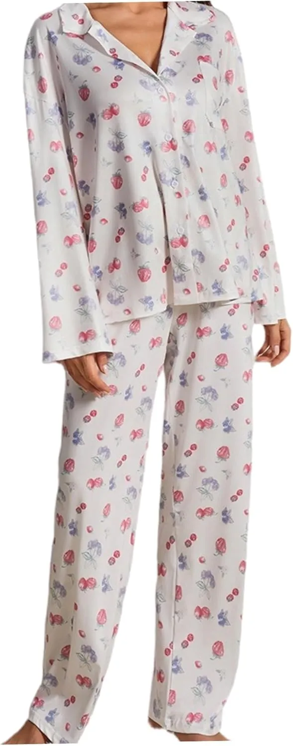 for Women Children Loungewear Sleepwear Fruit Pajamas Long Sleeve Shirts Wide Leg Pants Soft Floral Pajama Set with fundamental collide concrete sepal Button & Pocket Strawberry Fruit Pajamas 