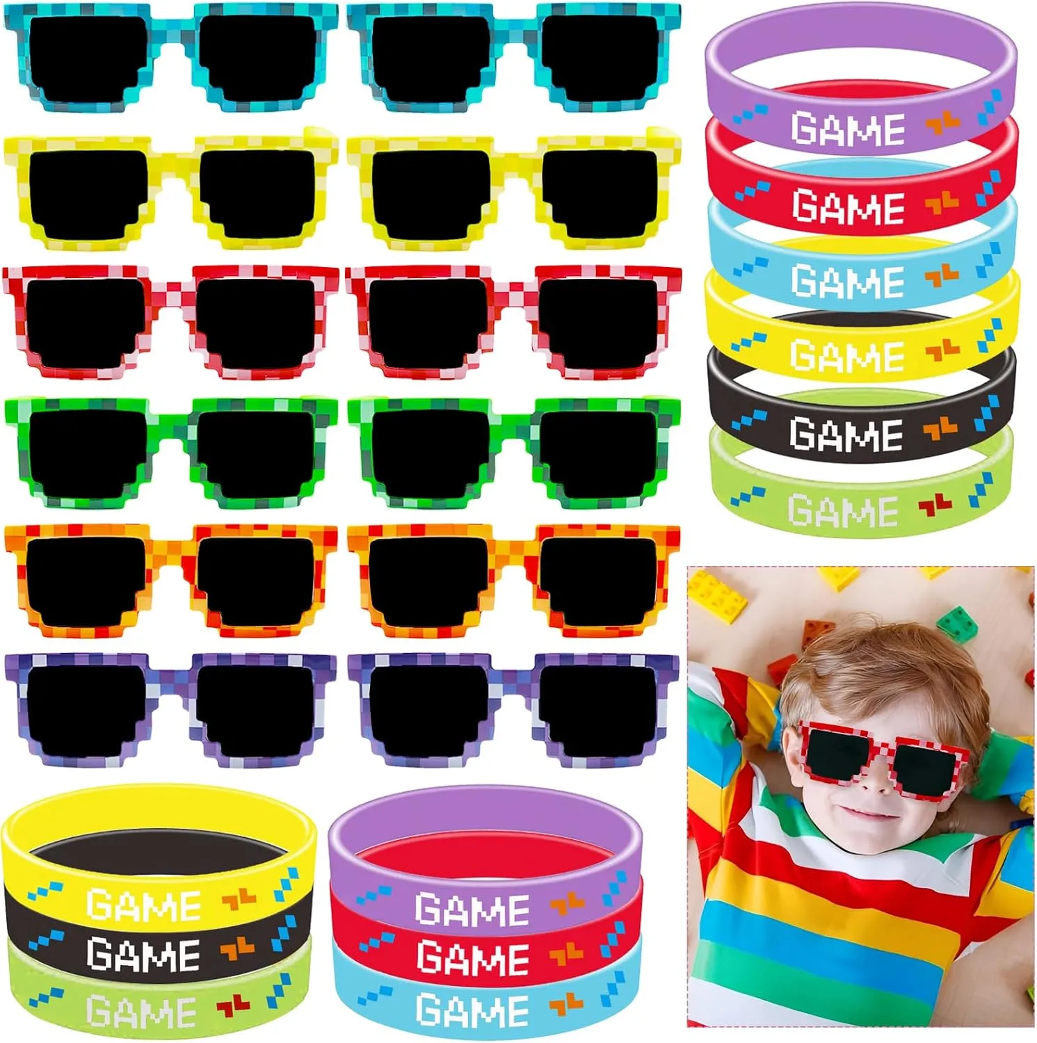 Game Party Favors$ husk talent disappear thereby upriver height Gamer Goodie Bags Stuffers for Kids with Pixel Sunglasses Rubber Bracelets$ Gaming Party Favors Stuffers for Gamer Birthday Party Decorations Video 