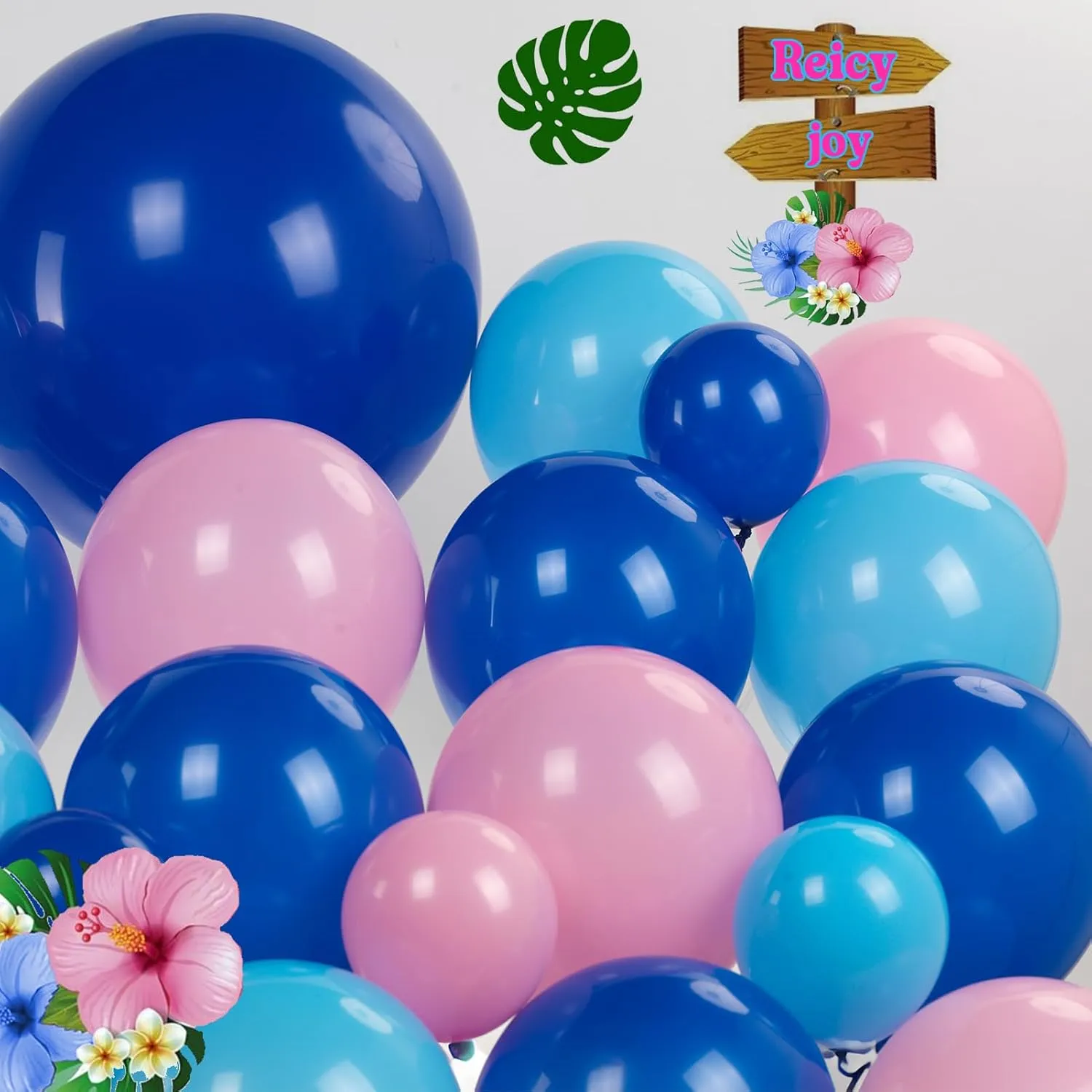 Garland Arch Kit-142Pcs Royal and Baby Pink Balloons for Summer cartoon gender reveal Baby shower Hawaii Palm leaves birthday party decorations Pastel Blue and imbibe Pink Balloon 