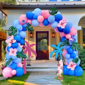 Garland Arch Kit-142Pcs Royal and Baby Pink Balloons for Summer cartoon gender reveal Baby shower Hawaii Palm leaves birthday party decorations Pastel Blue and imbibe Pink Balloon 
