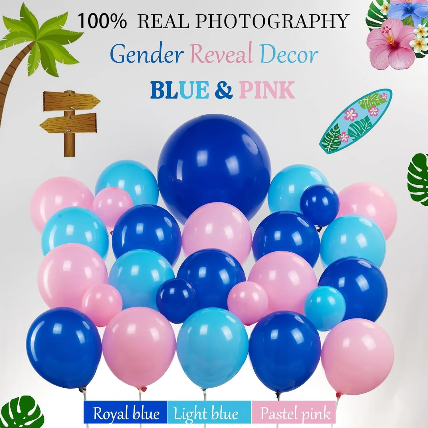 Garland Arch Kit-142Pcs Royal and Baby Pink Balloons for Summer cartoon gender reveal Baby shower Hawaii Palm leaves birthday party decorations Pastel Blue and imbibe Pink Balloon 