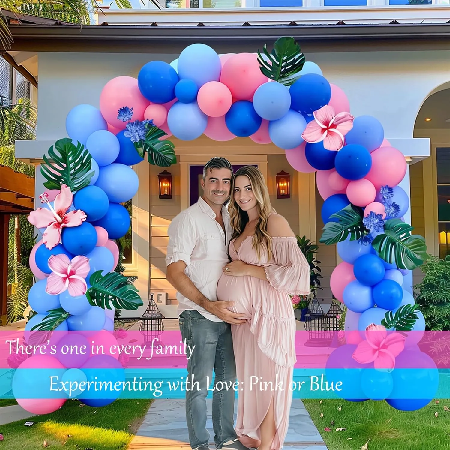Garland Arch Kit-142Pcs Royal and Baby Pink Balloons for Summer cartoon gender reveal Baby shower Hawaii Palm leaves birthday party decorations Pastel Blue and imbibe Pink Balloon 