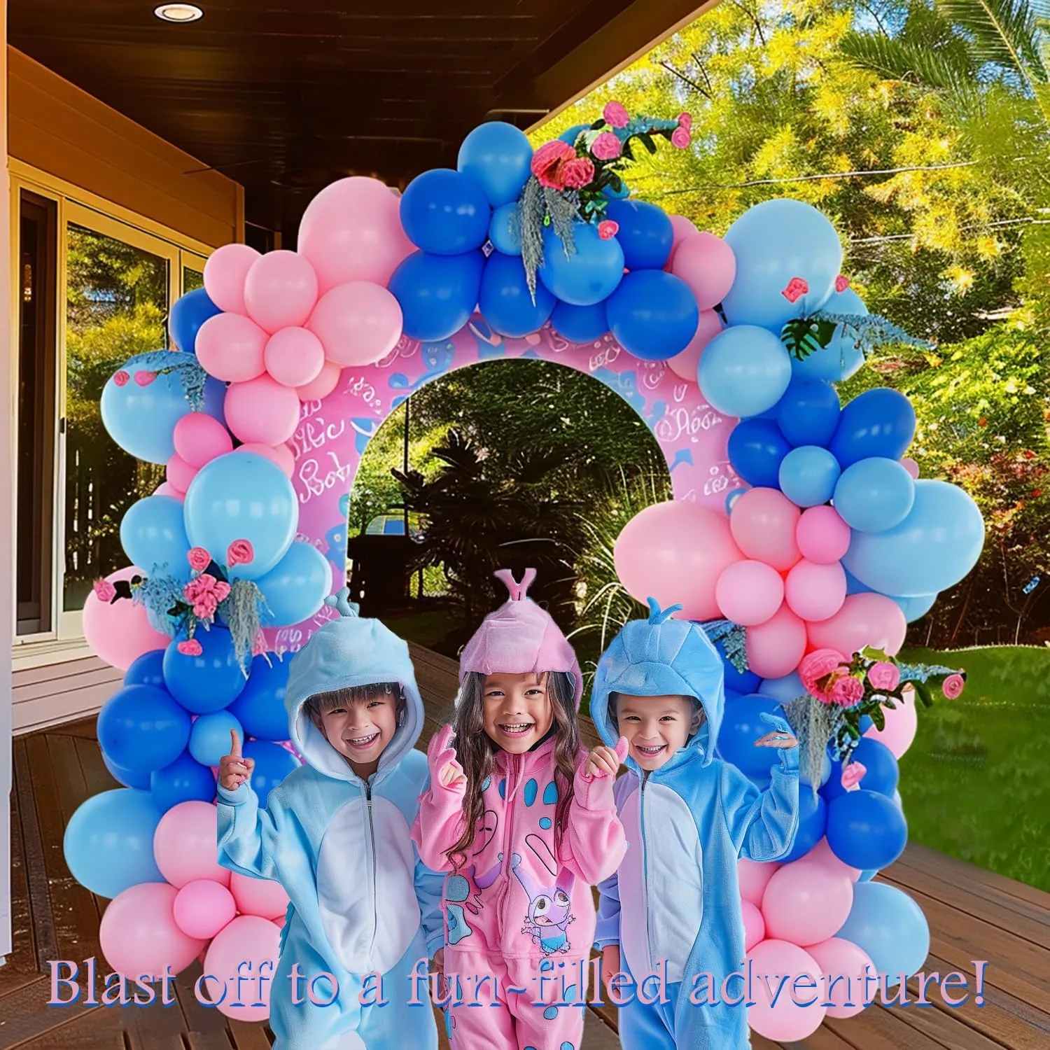 Garland Arch Kit-142Pcs Royal and Baby Pink Balloons for Summer cartoon gender reveal Baby shower Hawaii Palm leaves birthday party decorations Pastel Blue and imbibe Pink Balloon 