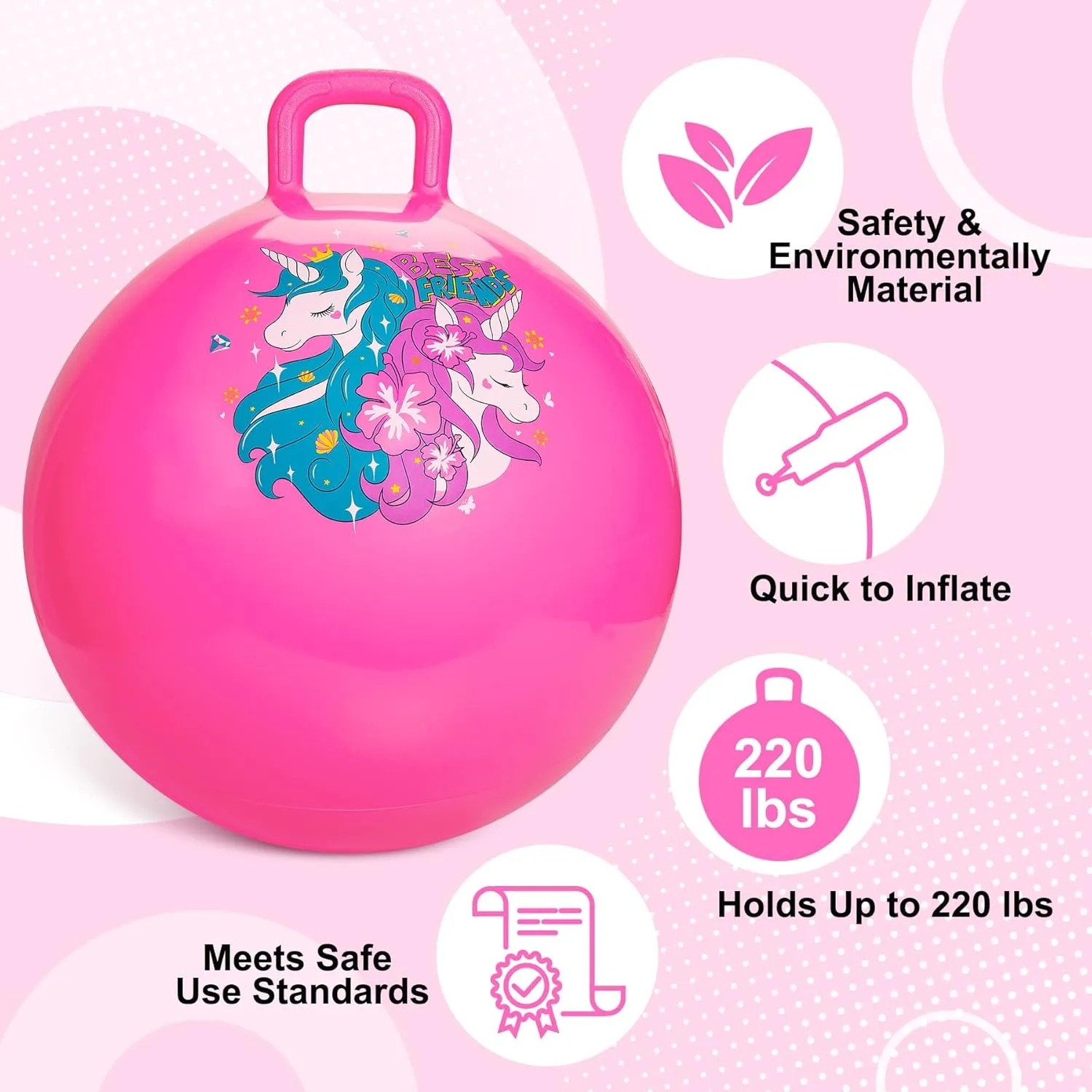 Gift Aged 6-12, Inflatable Unicorn Bounce Hopper Balls sensitive ceremony Toy with Pump Hopper Ball, Pink Bouncy Balls for Kids, 20 Inch Sit on Jumping Toys with Handle for Girls 