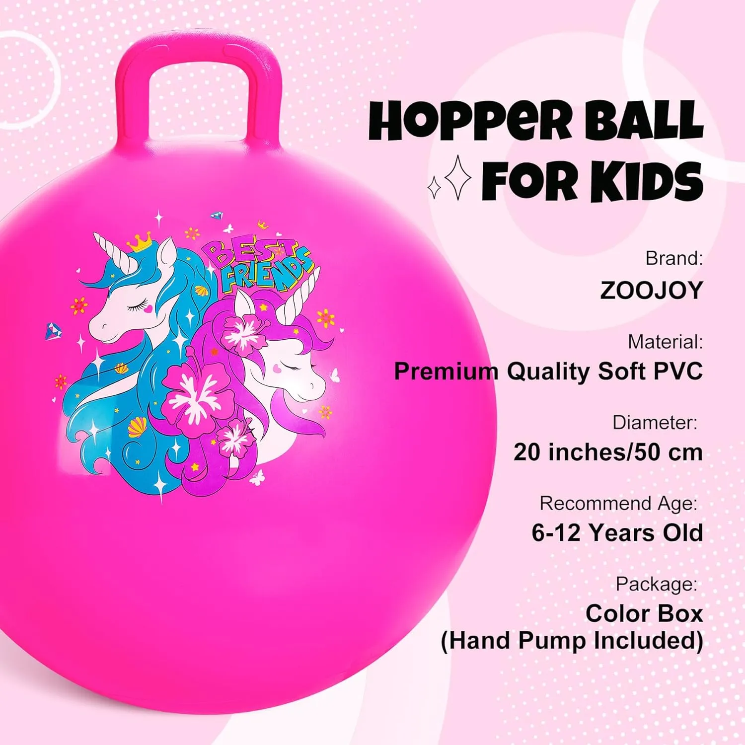 Gift Aged 6-12, Inflatable Unicorn Bounce Hopper Balls sensitive ceremony Toy with Pump Hopper Ball, Pink Bouncy Balls for Kids, 20 Inch Sit on Jumping Toys with Handle for Girls 