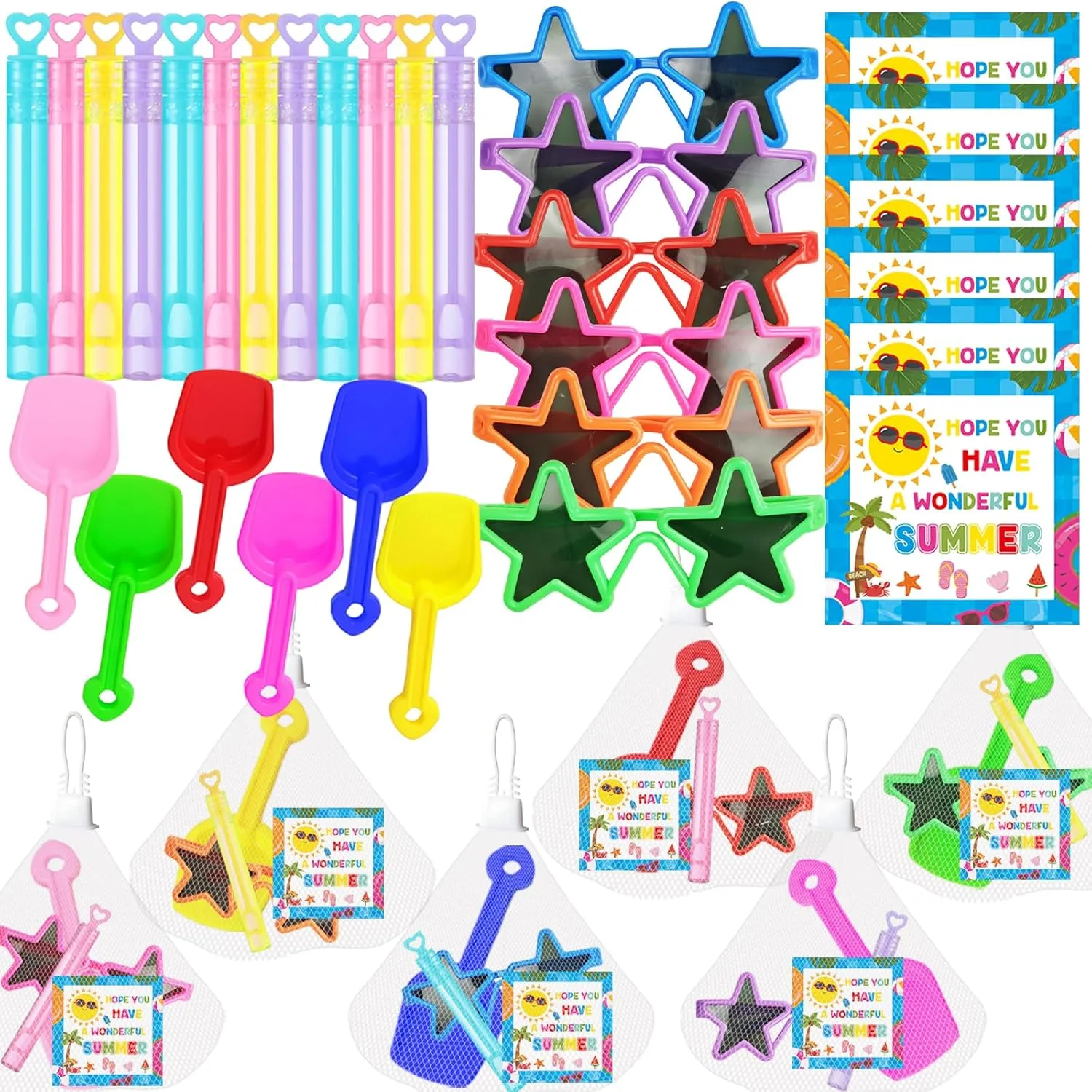 Gifts Class Classmate Present Beach Shovels Sunglasses Bubble Wands Beach Sand Toy School Classroom Favors QICI 12 Set End of proficiency Year Gifts for Students Summer Gifts Preschool Graduation 