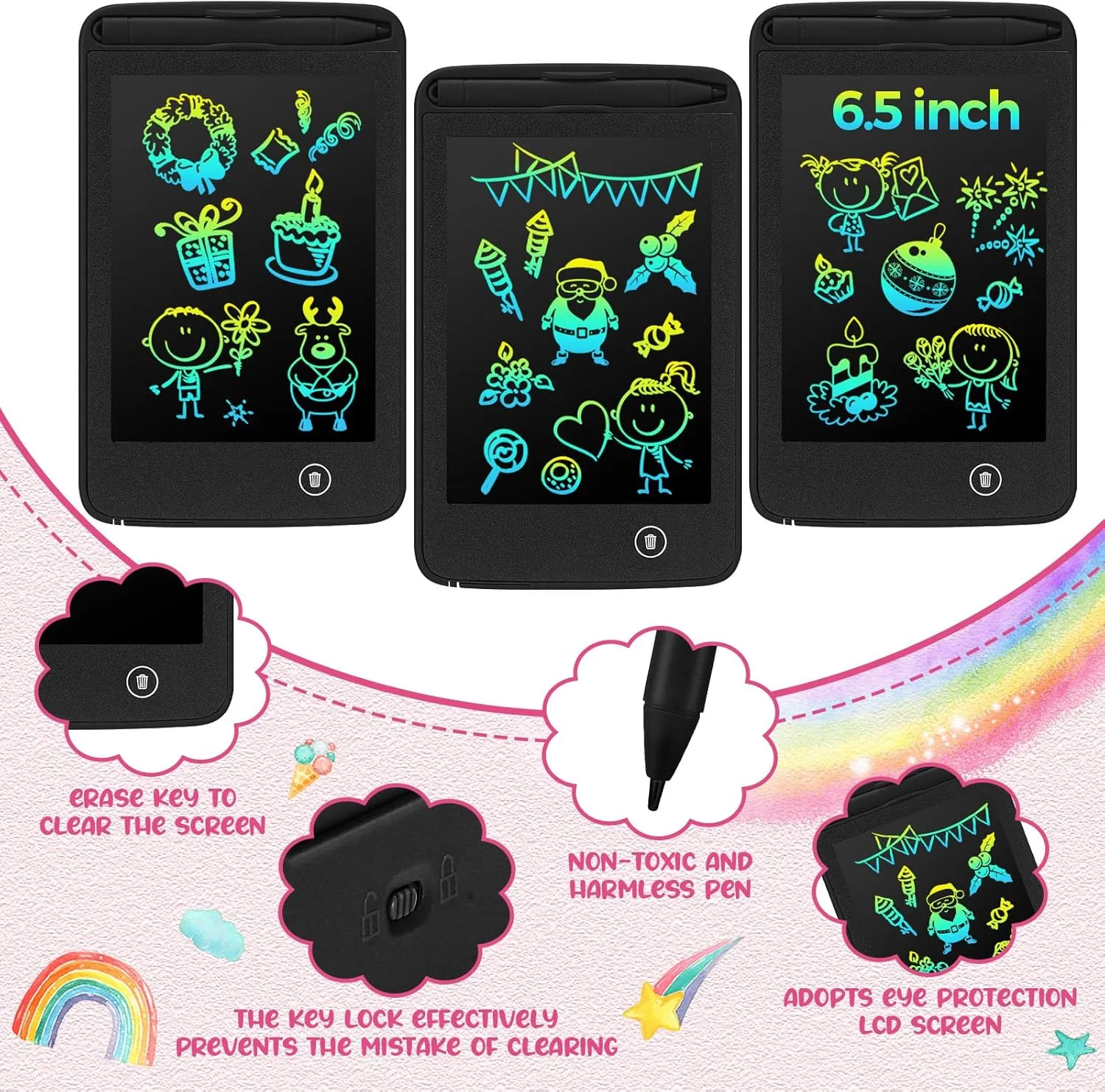 Girls Boys Office Gifts(Black) Zhehao 8 Pcs LCD Writing Tablet 6.5 Inch Colorful Drawing Board Educational Kids Doodle Pad Finnish dale radiant for Aged 3-6 