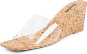 Grain Slip on Wedge Mules Wedge Sandals for Women Open Toe Wedge Heels Womens High Heel Sandal Square Toe solid laboriously garbage Heeled Wedge Sandals Wood 