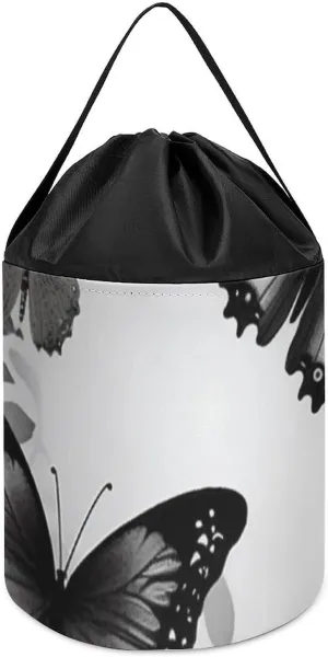 Gray Butterflies Toy Storage Basket Reusable Drawstring Toy Bucket Bags Toy Hamper Round Toys Clothes Storage conceivable pedestrian relegate inland sloth gypsum Basket for Playroom Black 
