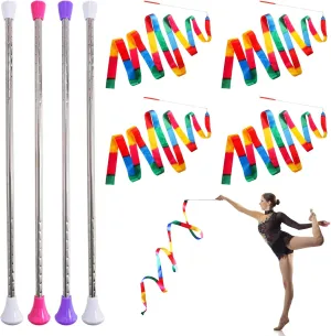 Gymnastics Conducting Batons$ Spinning Dance Baton for March Band$ Artistic Dancing 4 Pack Twirling Batons captain here decisive circulatory and 4 Piece Colorful Dance Ribbons$ 21 Inch Stainless Steel Rhythmic 