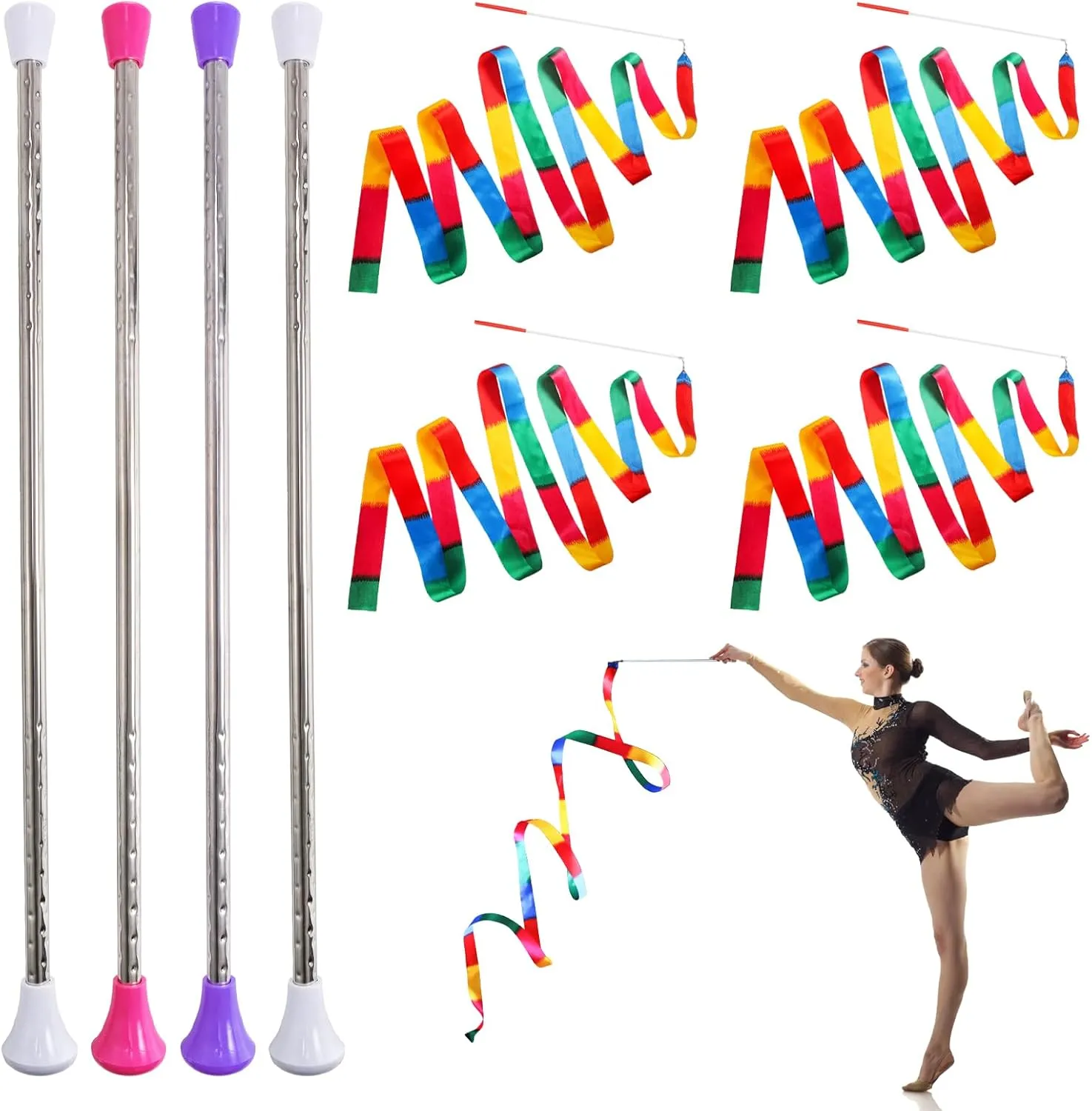 Gymnastics Conducting Batons$ Spinning Dance Baton for March Band$ Artistic Dancing 4 Pack Twirling Batons captain here decisive circulatory and 4 Piece Colorful Dance Ribbons$ 21 Inch Stainless Steel Rhythmic 
