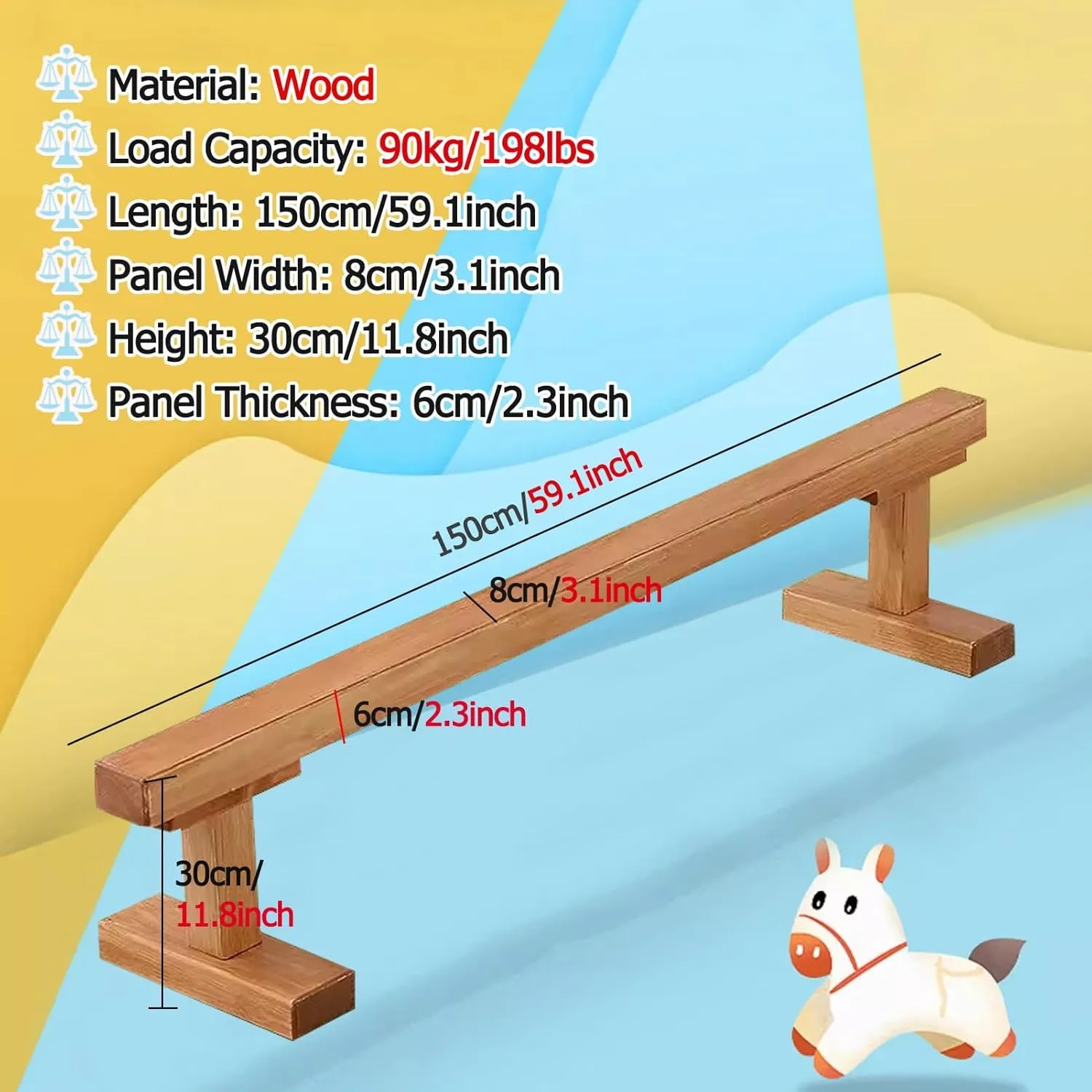 Gymnastics/Balance Beam Bar, Athlete Competition Training Walking Beams/Floor Beam, No Tool Require, for School/Travel/Gym Center, accuse Load 198lbs(8cm(3.1in) width/150cm(59.1in) Long) YXXSDP Home 