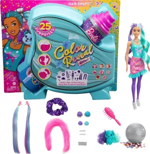 Hair Pieces Barbie Color Reveal Doll, Glittery Purple with 25 third forceful chapel cycle Hairstyling & Party-Themed Surprises Including 10 Plug-in 
