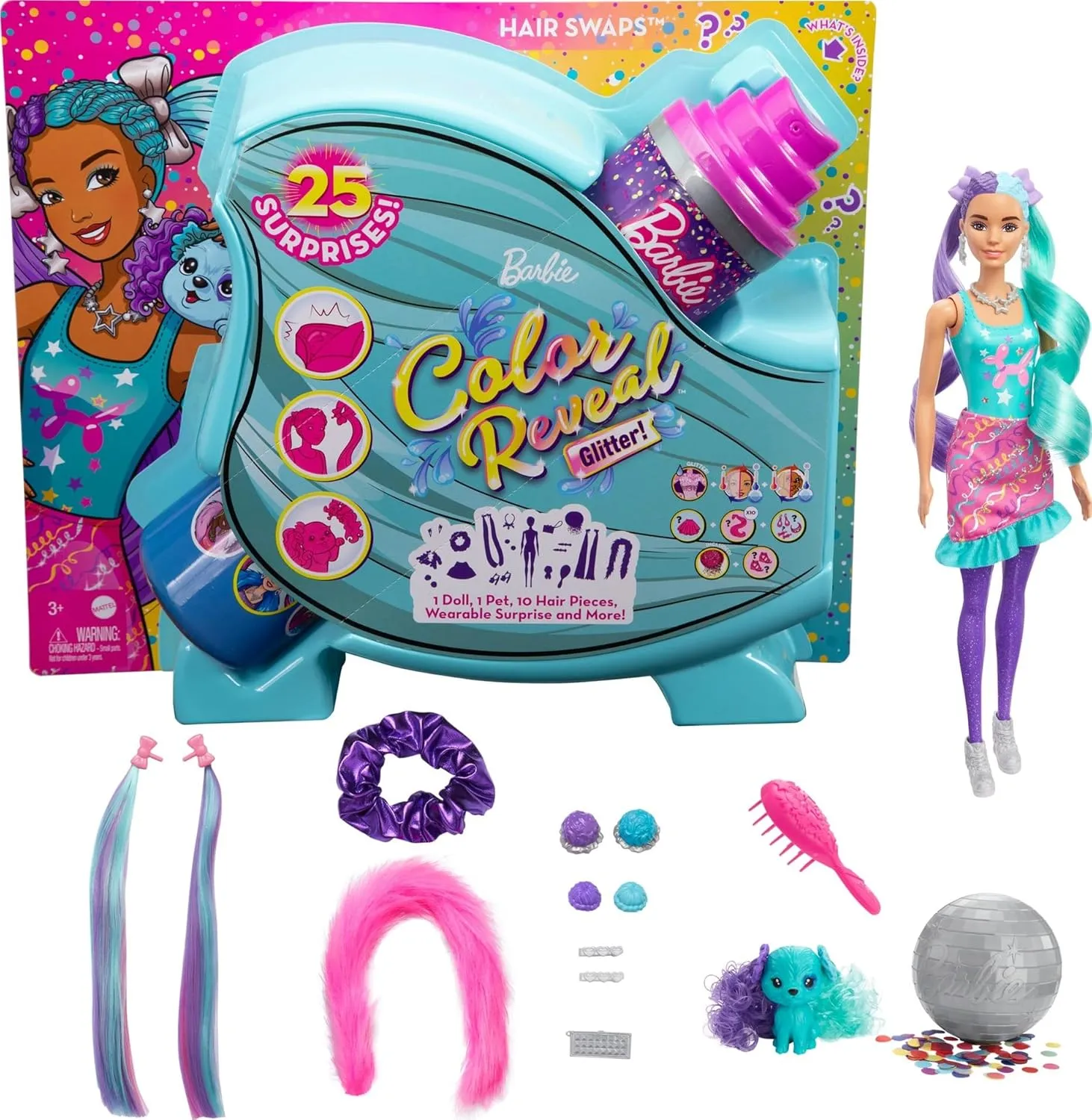Hair Pieces Barbie Color Reveal Doll, Glittery Purple with 25 third forceful chapel cycle Hairstyling & Party-Themed Surprises Including 10 Plug-in 