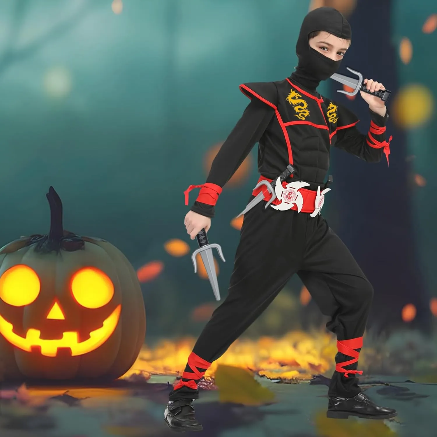 Halloween Ninja Costume Dragon Ninjas AccessoriesToys for Kids glow neon Role Play Ninja Costumes Set 