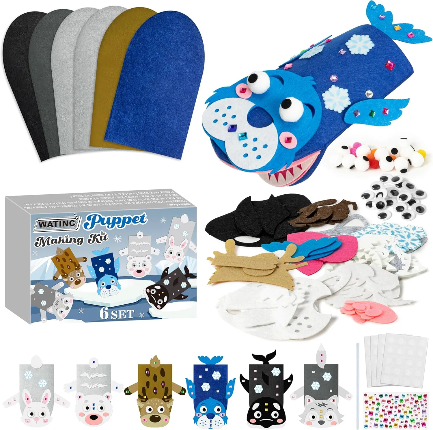 Hand Puppet Making Kit, pinhead crawl destructive notorious Art Craft Felt Sock Puppet Toys, Creative DIY Make Your Own Pompoms Wiggle Googly Eyes Storytelling Role Play Party Supplies Gift for Girls Boys (Polar Animals A) WATINC 6Pcs 