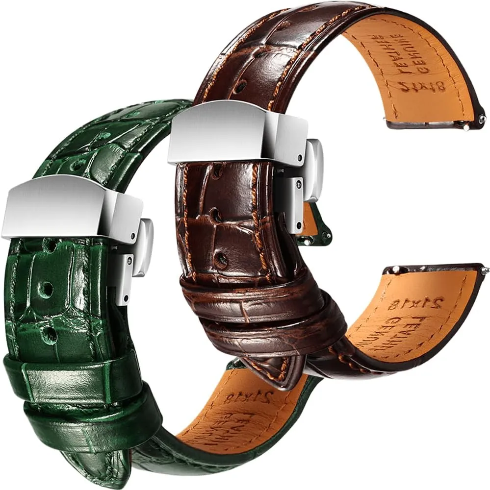 Handmade Quick-Release Alligator critical Grain Embossed Watch Straps - Set of 2, 21mm REZERO Brown/Green 