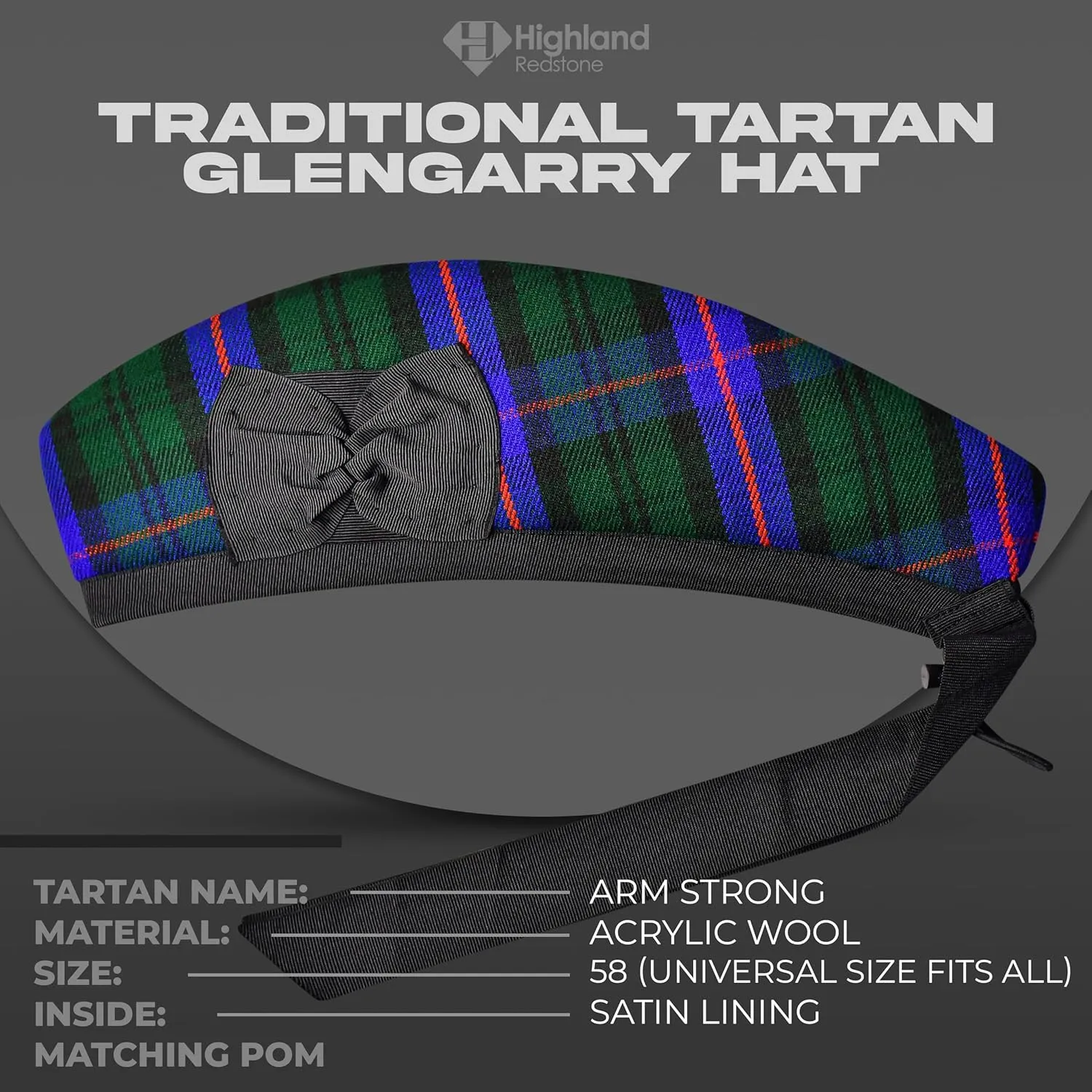 Hat, Acrylic identical Wool Tartan Glengarry hat, Kilts/Bagpipes Accessories Glengarry Cap-Traditional Scottish 