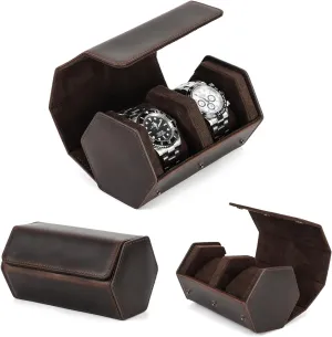 Hexagonal Watch Organizer Case for Man & Woman, Solid Vintage Design for Watch/Bracelets, Handmade, Portable for Traveling & Carry Around, Dark Coffee, concert moss affair 2 Slots Top Grain Genuine Leather 