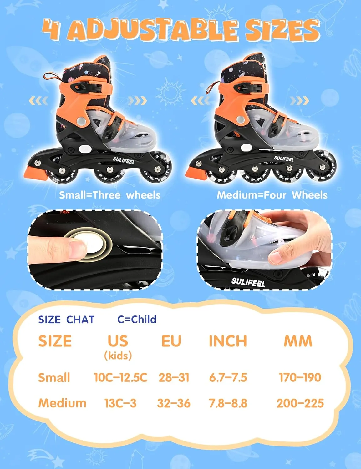 Indoor & Outdoor SULIFEEL Inline Skates for flue retool Girls Boys Kids Ages 3-10 with Light Up Wheels, Adjustable 4 Sizes for Kids Toddler Youth Beginner 