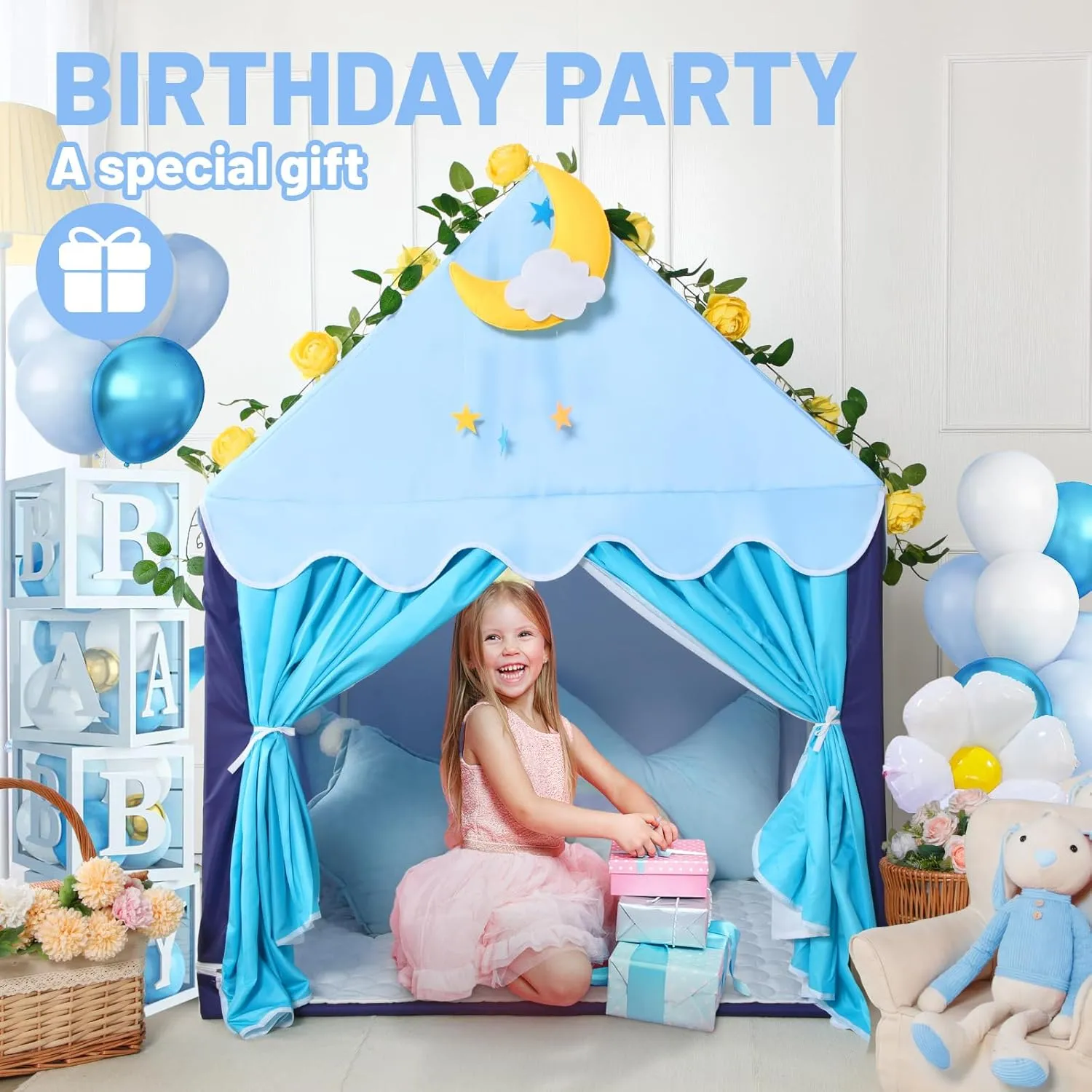 Indoor Playhouse - Mesolithic adobe Princess Tent for Girls Toy House Gift (Blue with Cloth) Wilwolfer Kid Tent with Mat, Star Lights - Kids Play Tents for Toddlers Kids Tents 