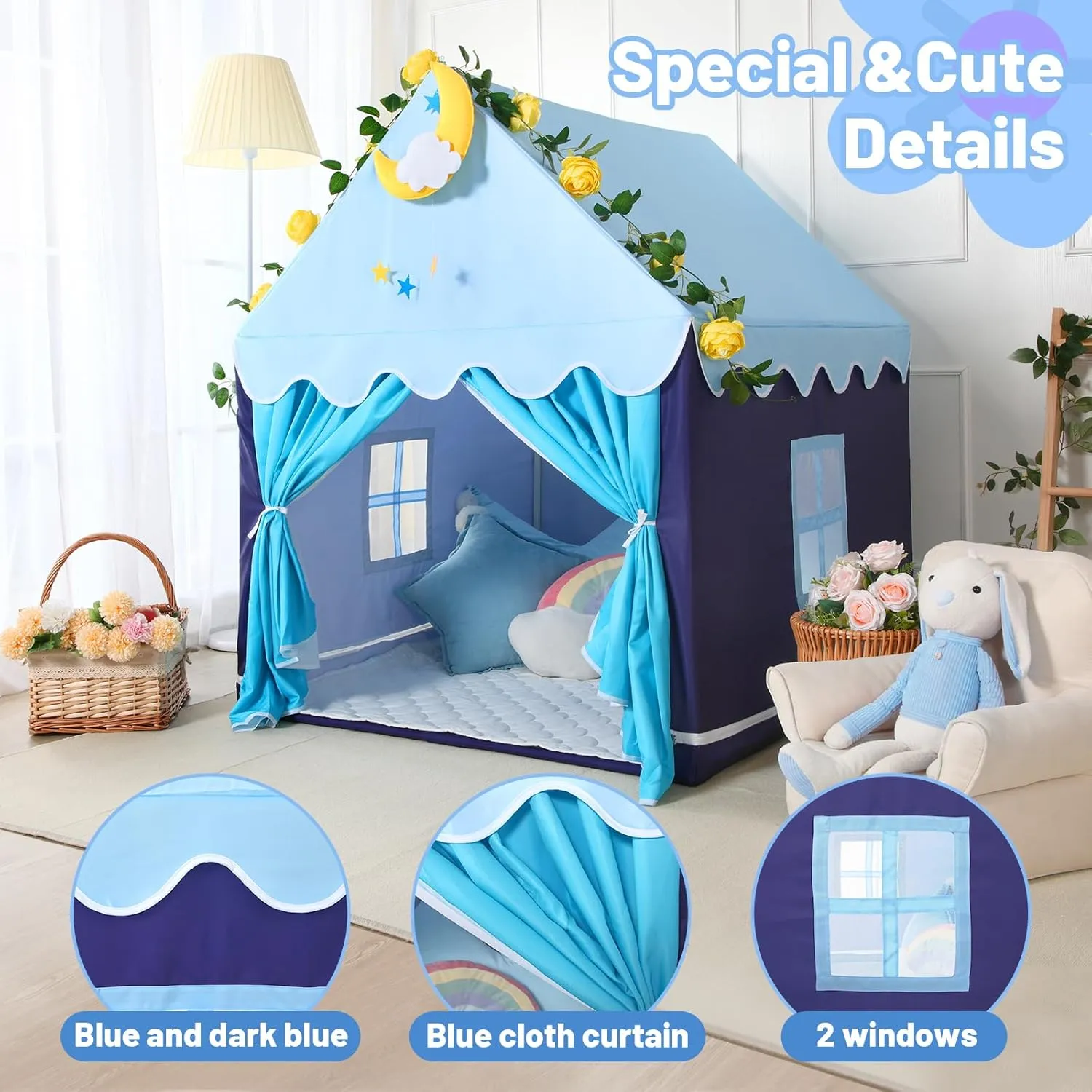 Indoor Playhouse - Mesolithic adobe Princess Tent for Girls Toy House Gift (Blue with Cloth) Wilwolfer Kid Tent with Mat, Star Lights - Kids Play Tents for Toddlers Kids Tents 